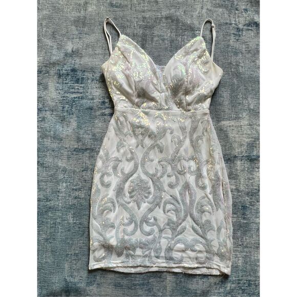 Lovely Day White Iridescent Sequin Corset Lace Up Back Bodycon Mini Dress Medium - Picture 1 of 8